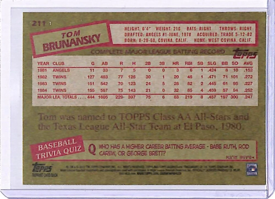 2013 Topps Archives #211 Tom Brunansky SP Minnesota Twins Baseball Card NM-MT - Image 2 of 2