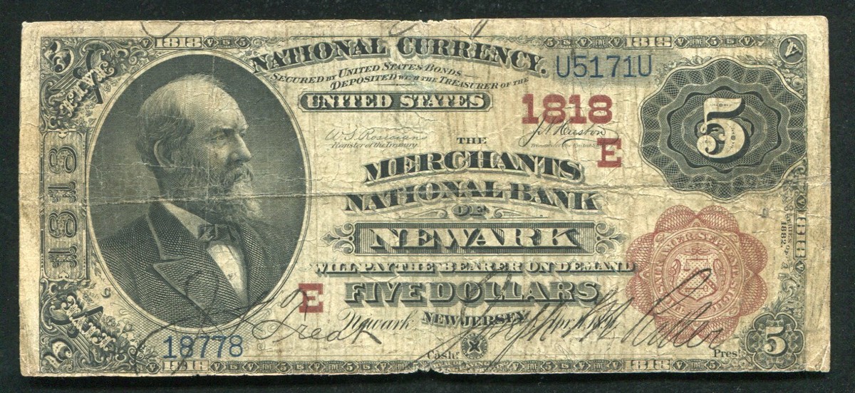 1882 $5 THE MERCHANTS NATIONAL BANK OF NEWARK, NJ NATIONAL