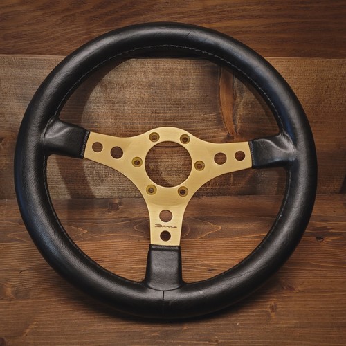 Vtg Dino Racing Steering Wheel Italy Nuova Raid Gold Tone Alloy & Black Leather - Imagen 21 de 21