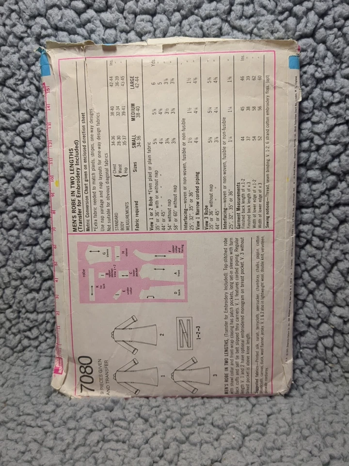 Robe Simplicity 7080 Large L 42 44 Vtg Cut Sewing Pattern Mens Terrycloth Silk  - Image 4 of 4