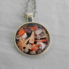 Seashells Starfish Beach Silver Tone Cabochon Glass Pendant Chain Necklace Round