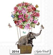 (2014) TWO Individual Paper LUNCHEON Decoupage Napkins - ELEPHANT FLORAL BALLOON