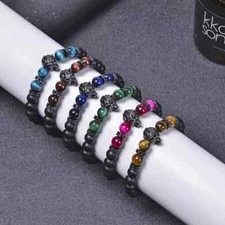 Handmade Colorful Wolf Head Natural Stone Beads Elastic Bracelet Unisex 8mm