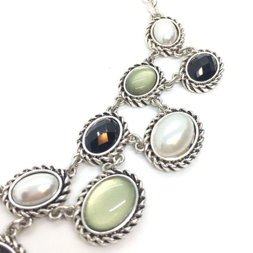 DANA BUCHMAN GREEN BLACK PEARL CABOCHON NECKLACE BIB COLLAR SILVER TONE REGAL - Picture 8 of 12