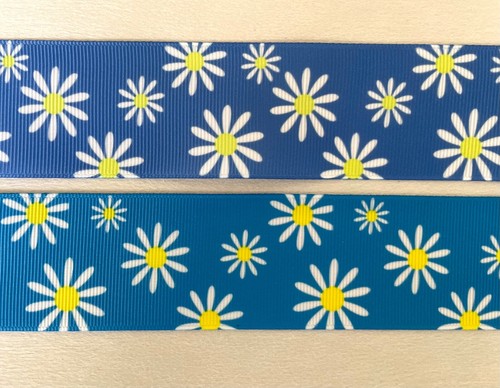 White daisy yellow centers on blue Grosgrain ribbon 5/8" 7/8" 1.5" daisies - Picture 2 of 8
