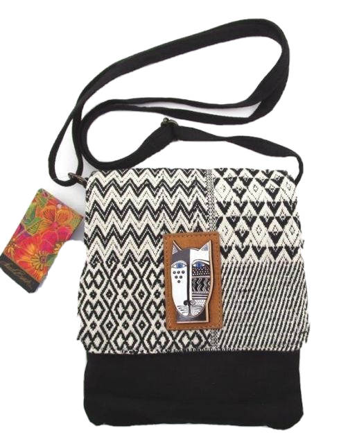 ✪ New LAUREL BURCH Flap Over Crossbody Bag BLACK WHITE CAT Woven Purse Handbag