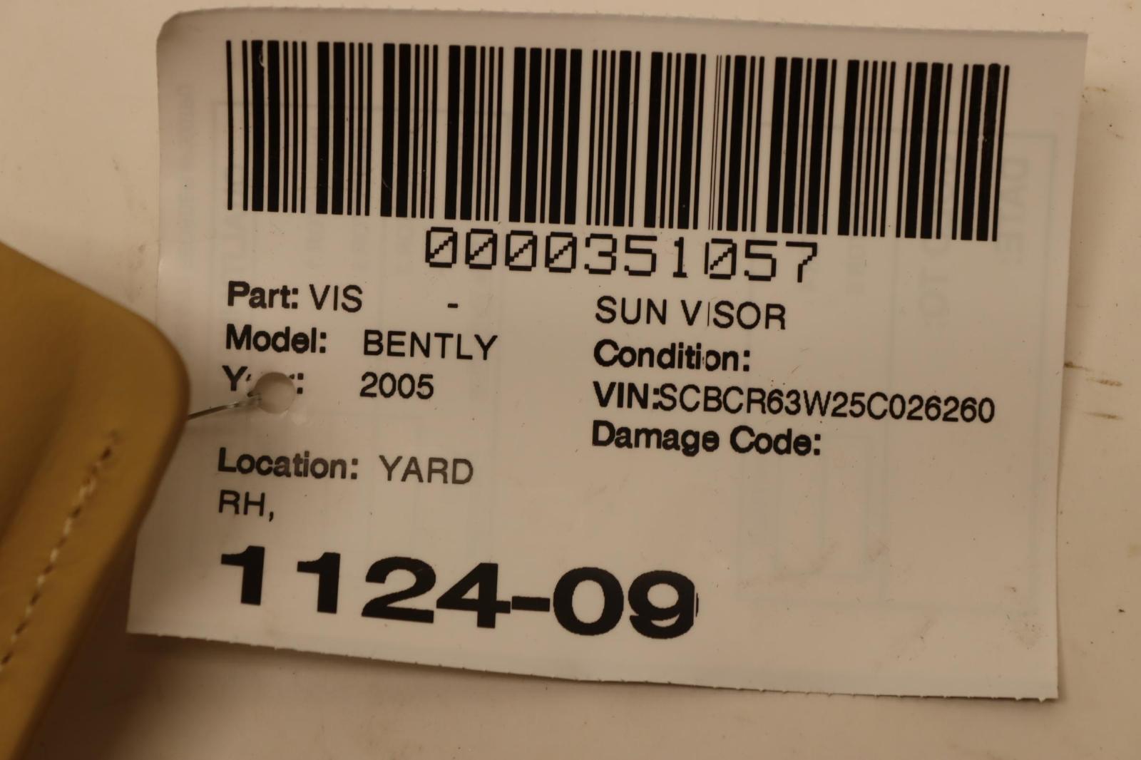 2003-2010 BENTLEY CONTINENTAL GT RIGHT PASSENGER SIDE WINDSHIELD SUN VISOR OEM