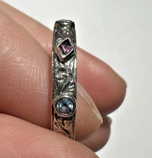 Argento Sterling Francese Inciso Topazio Blu Ametista Viola Fatto a Mano Vintage - Immagine 3 di 4
