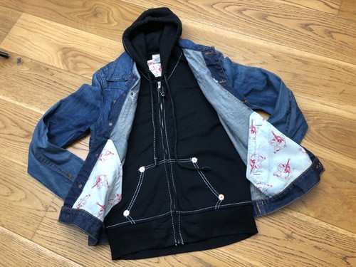 TRUE RELIGION JOHNNY BLUE DENIM JEAN JACKET BLACK HOODIE HOODED TOP MEDIUM - Picture 4 of 24