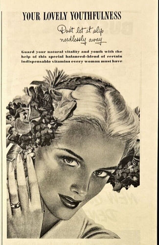 Vitamins Plus Youthfulness Pretty Woman Vintage Print Ad 1944