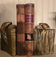 Sujetalibros antiguos de bronce Morti & Sons con loros multicolores encima Edgar Allan Poe