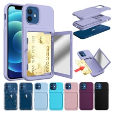 For iPhone 12 13 Pro Max Shockproof Back Wallet Card Holder Mirror Phone Cover