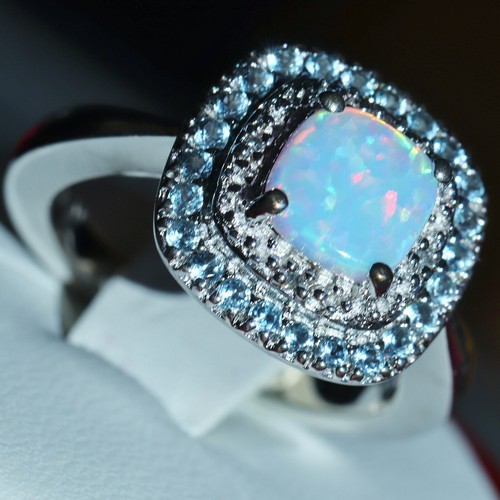 925 sterling silver ring 1.00ct opal blue topaz diamond size 7.25 vintage 5.75gr - 第 5/19 張圖片