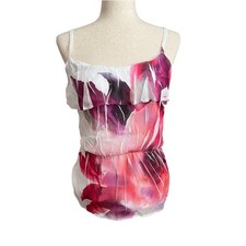 Y2K Fairy IZ Byer White Pink Floral Chiffon Tank Top Ruffle Cami XS Made in USA