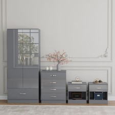 4 Piece Gloss Grey Bedroom Furniture Bedside Table Wardrobe Set Chest of Drawer