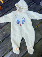 2003 Looney Tunes Tweety Hooded Footed Fleece Zip Coverall One-Piece 6-9M Cream