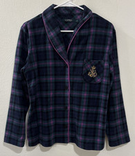 Lauren Ralph Lauren Women's Pajama Top Size M Plaid Button Front Crest Sleepwear