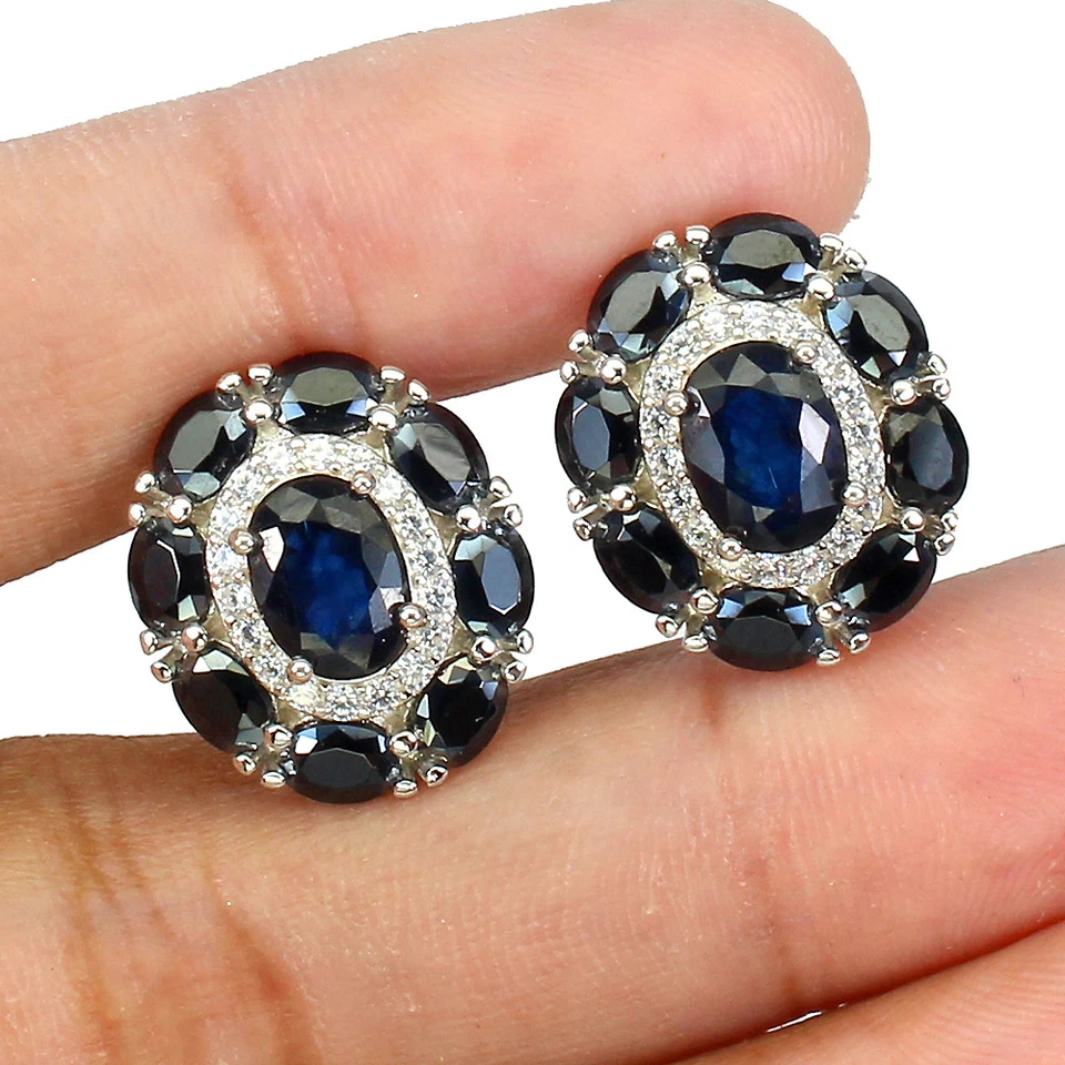 Pendientes de plata de ley 925 zafiro ovalado 7x5 mm espinela piedras preciosas naturales joyería Foto 2 de 4