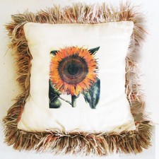 Lovely Fringed Sunflower Pillow 10" Square Soft Fluffy Fringe, Envelope Back