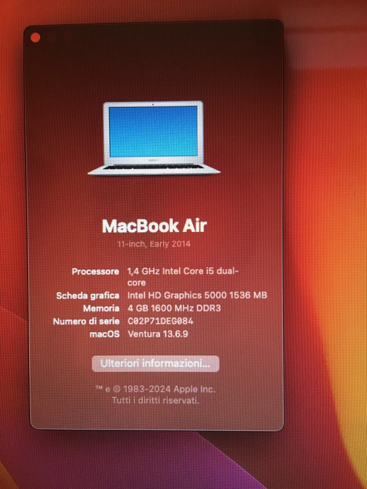 MacBook Air A1465 11" I5 1,4GHz Ram 4GB SSD 128 GB + caricatore Apple 60w - Immagine 2 di 4