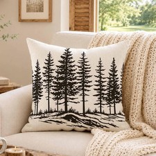 Pine Woods Cotton Linen Throw Pillow Covers Woodcut Style Decorative Cushion ...