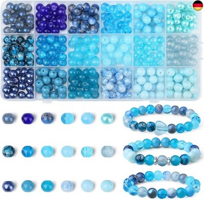 8mm Blaue Perlen Glasperlen für Armbänder 360 Stück Bastelperlen DIY Machen Set 