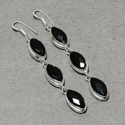 Faceted Black Spinel Marquise Shape Gemstone Gift Jewelry Earrings 3.1'' SR 5691