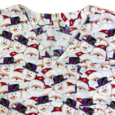 Handmade Womens Scrub Top Cheery Happy Snowmen Ivory Winter Fabric Large V-Neck