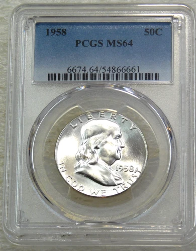 1958 P Franklin Half Dollar PCGS MS64 95% FBL White Frosty New Holder PQ #F298J