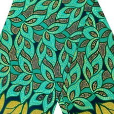 African Ankara fabric, Metallic gold glitter Jade green leaves print fabric