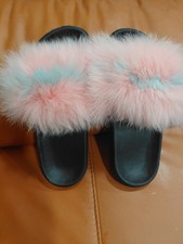 Women s Pink Faux Fur Fur Trim Slide Sandals Slip On Flat Casual Size 7