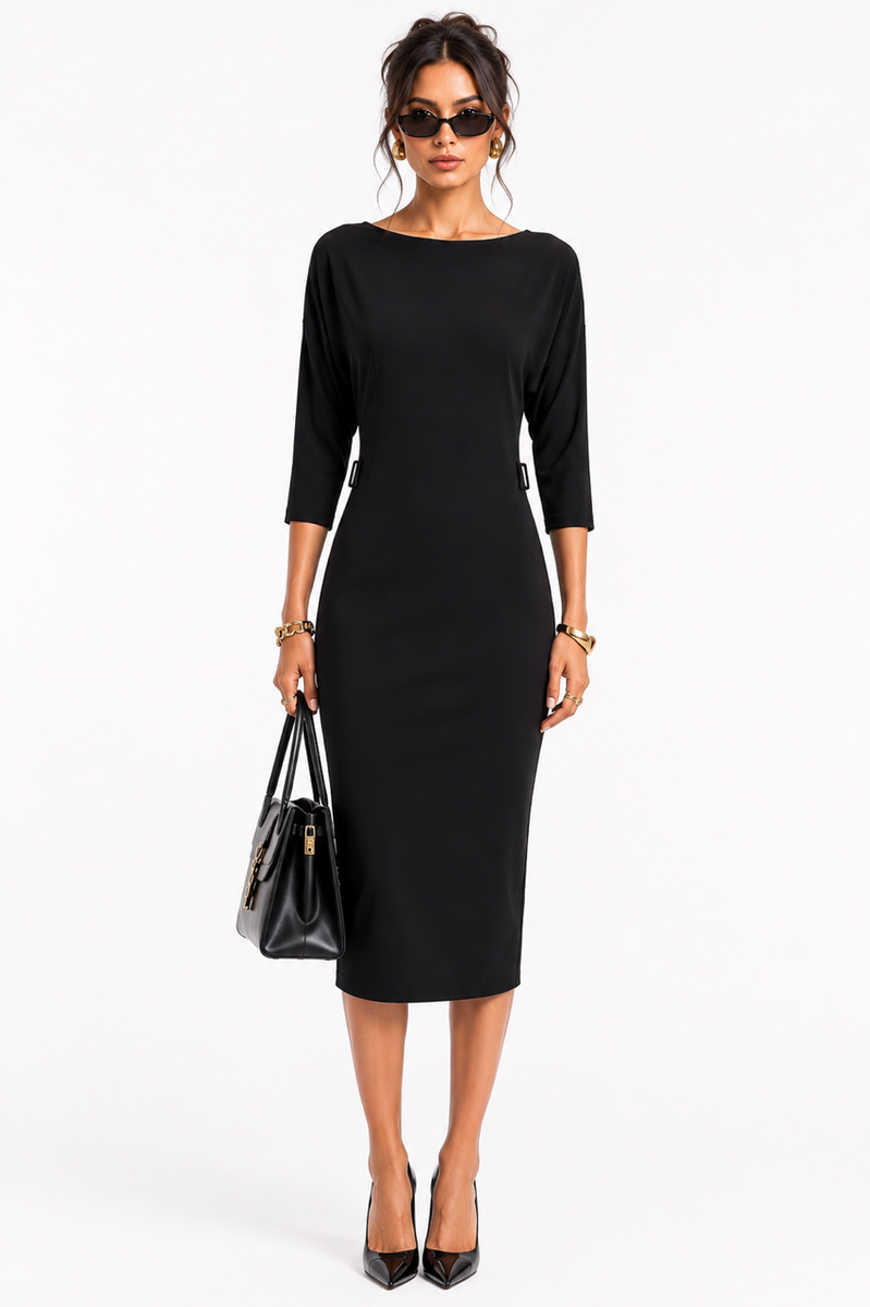 matte jersey sheath dress GUCCI Black Midi M = 6/8 42 Italy Dolman Sleeve (NO BELT) EUC womens court apparel