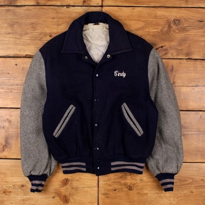 Vintage Deer Foot Varsity Jacke M Herren 80er Blau USA Made Wolle Grau Stepp Gefüttert