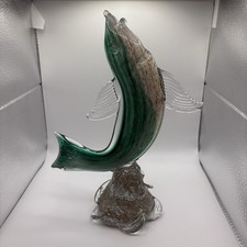 Leaping Fish Figurine - Hand Blown Glass Green White - 11 Tall - Murano-like