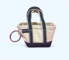 Lands End Mini Canvas Tote Key Chain Bag Charm Coin Purse Blue/Ivory