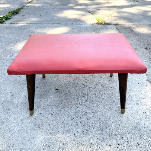 Vtg 70's MCM Retro Red Orange Rectangle Vinyl Footed Foot Stool 24x16 14" Tall