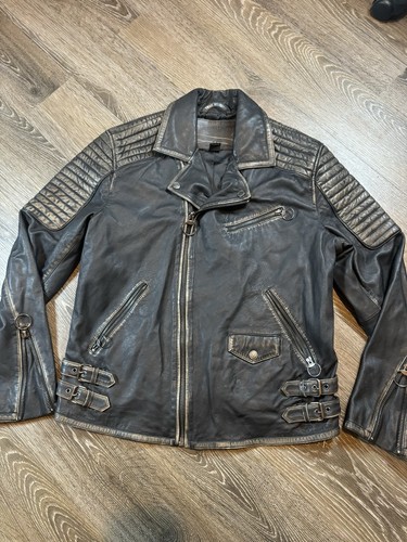 True Religion Men's Real Leather Black Biker Rock Jacket Size Large Full Zip - Picture 1 of 9