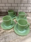 4 Anchor Hocking Fire King Jadeite D Handle Mugs with Saucers Green USA vintage