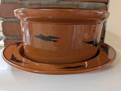 Antique Guernsey Cooking Ware Terracotta Crows Crock Plate Birds Primitive Fall 