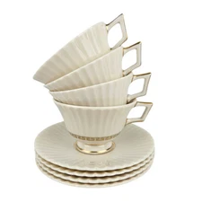 4 Lenox Cretan Cup & Saucer Sets Greek Key Temple Shape