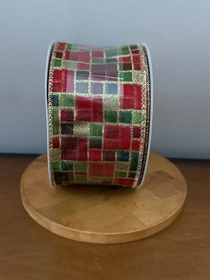 VTG Celebrate It Wired Christmas Ribbon Glitter Gold Red Green Geometric Squares - Image 3 of 4