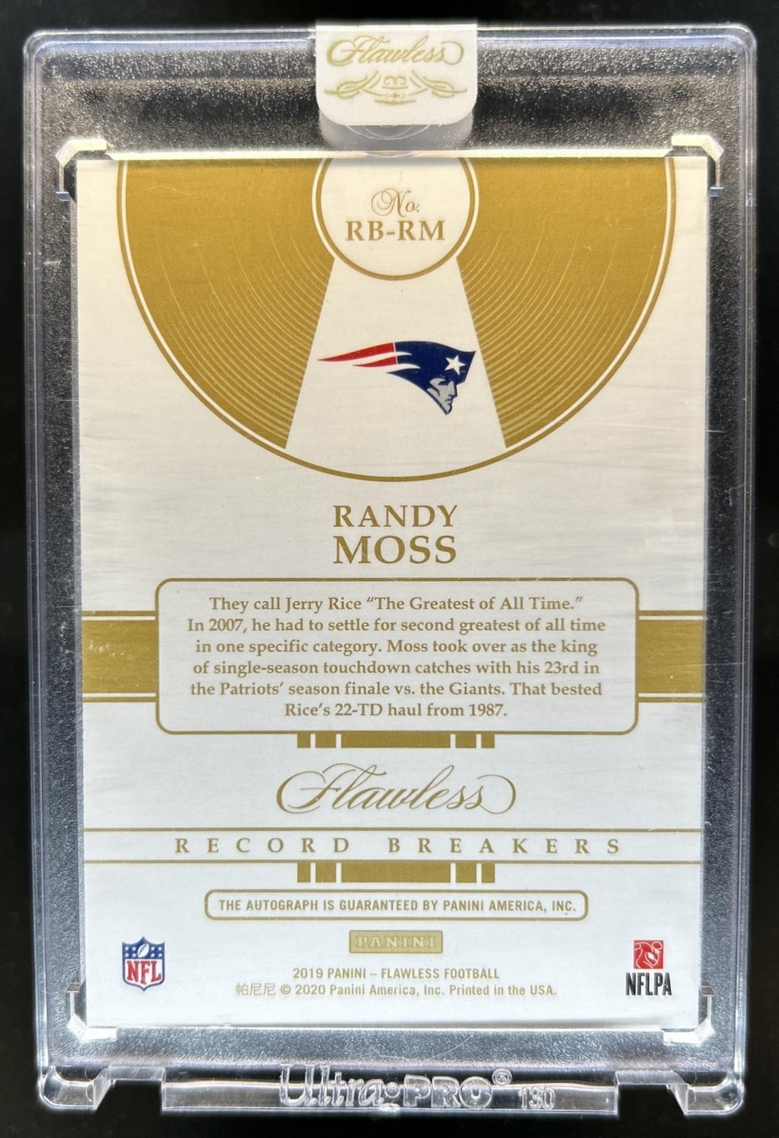 2020 Panini Flawless Randy Moss 2019 Football Record Breakers Sapphire Auto #/5 view 2