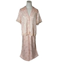 Vintage Victoria's Secret Floral Jacquard Lace Trim Pajama Set Peach Polyester M