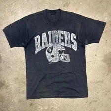 Vintage 80s Raiders T Shirt Logo 7 Large Faded Black Screen Stars single stitch