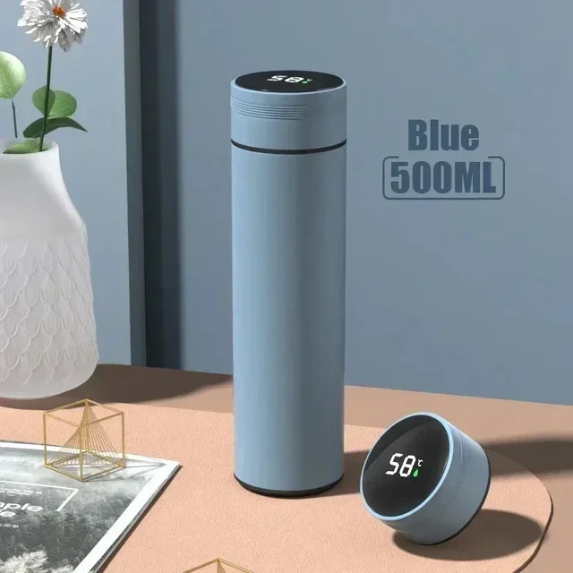 Bouteille isotherme 500ml en acier inoxydable avec affichage de température bleu