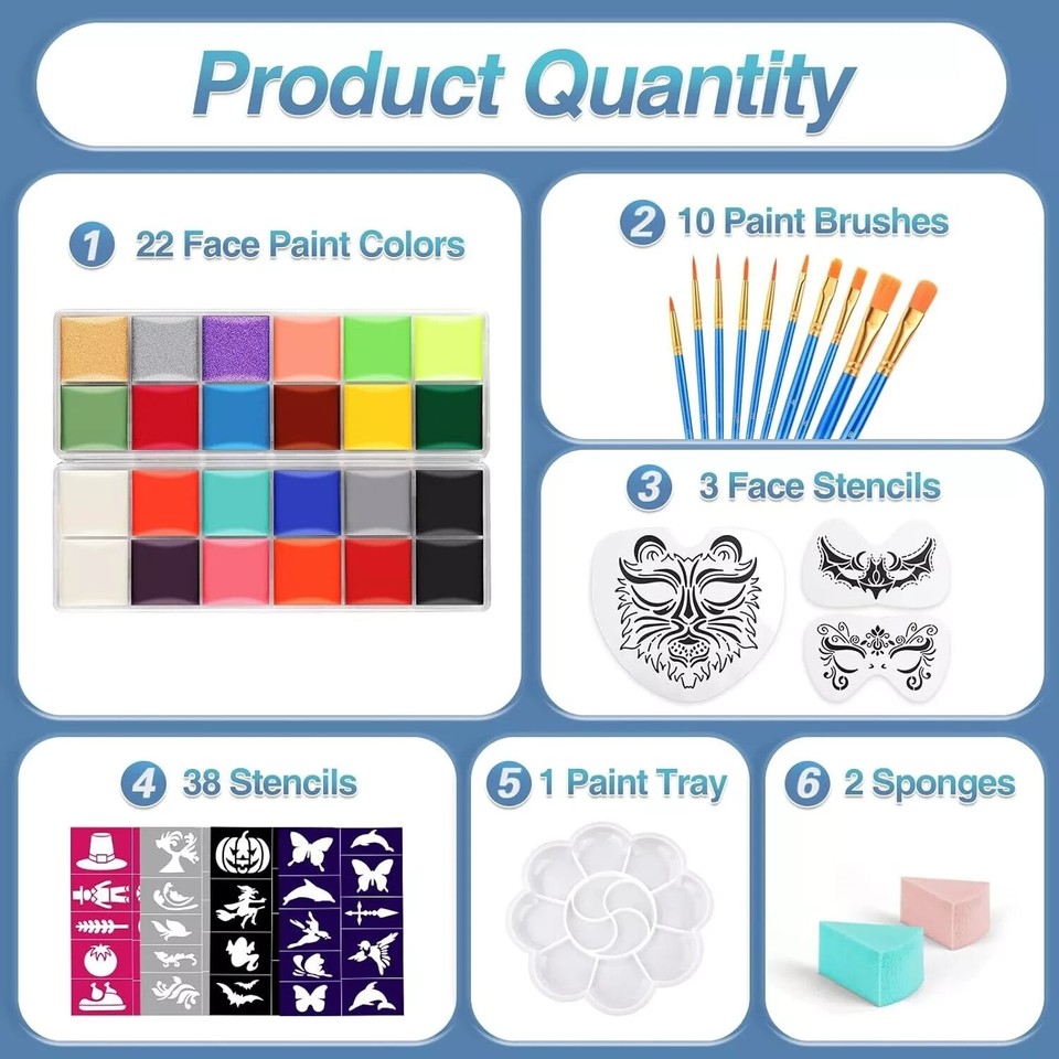 Face Painting Kit For Kids Party,22 Colors Face Paint Kit Includes