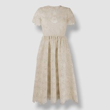 $6250 Valentino Women Beige Floral Lace Organza Scalloped Midi Dress Size 44