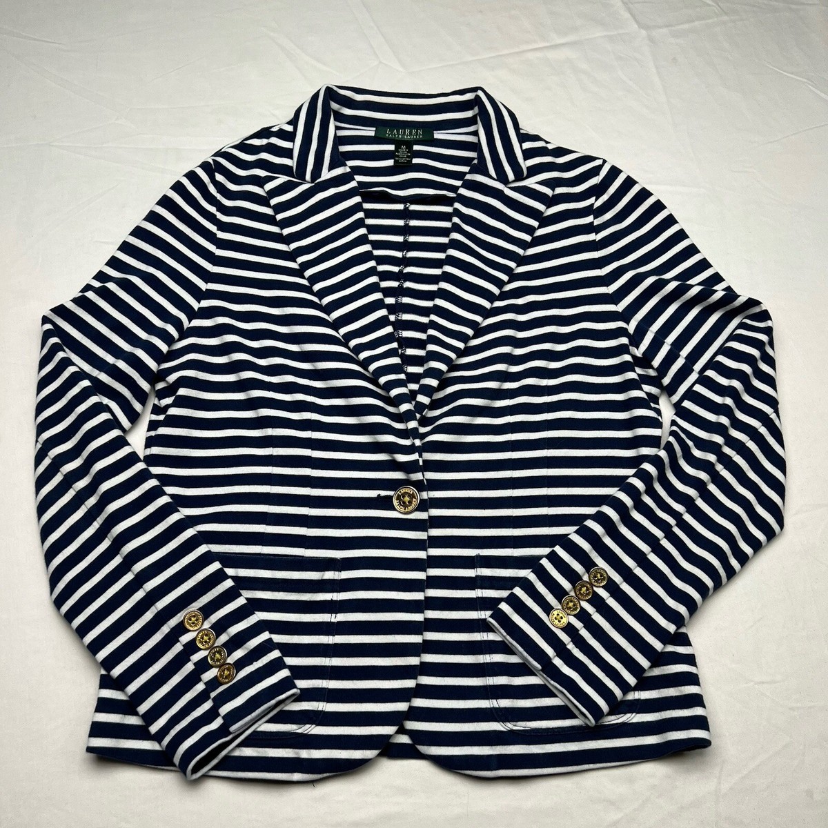 Ralph Lauren Navy Stripe Single Gold Buttons Ponte Knit Blazer