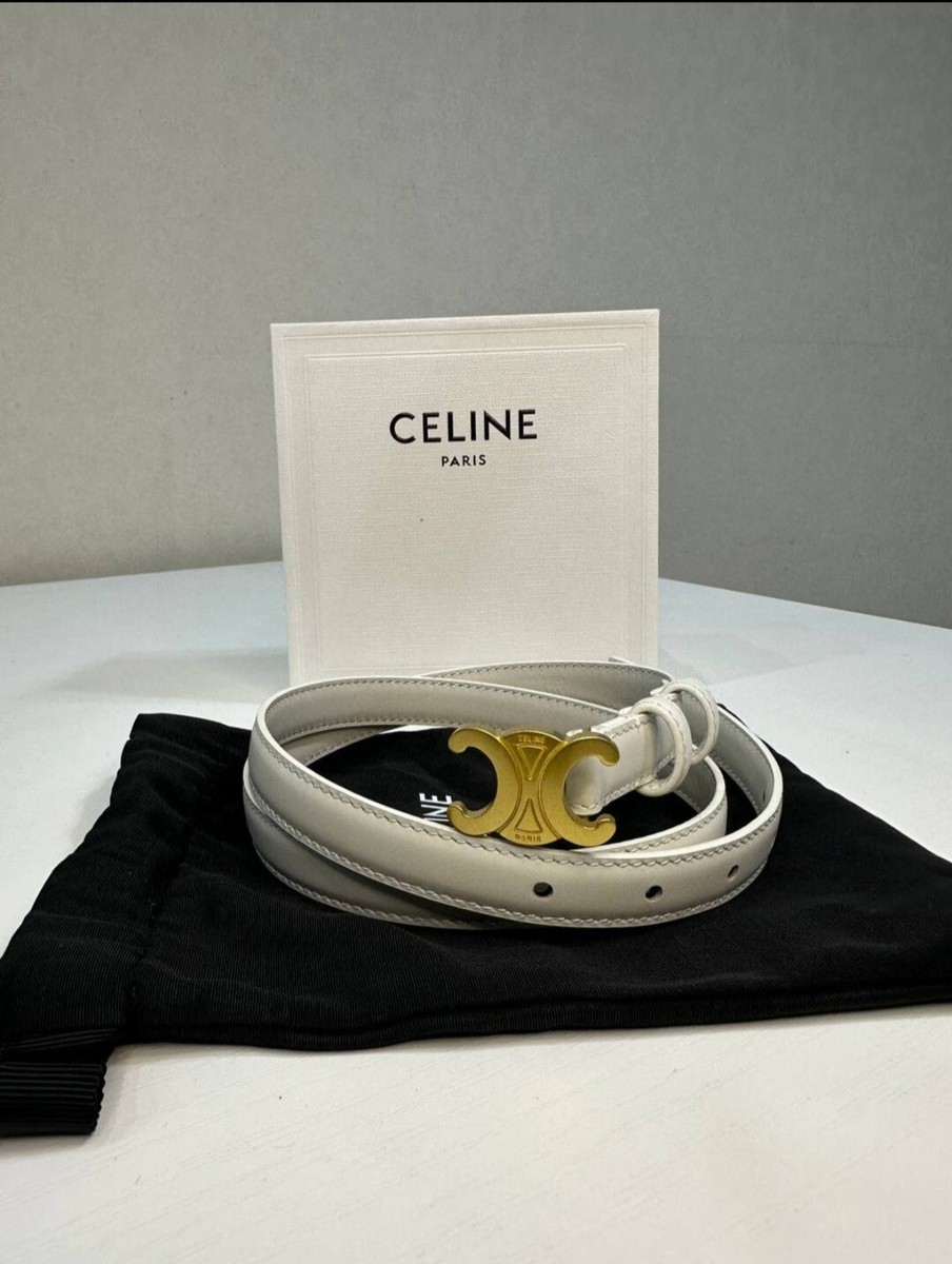 CELINE MEDIUM TRIOMPHE BELT IN TAURILLON LEATHER, WHITE BELT SIZE