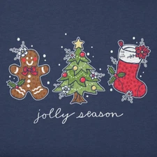 NWT Women's Life is Good Jolly Season Christmas Tree Blue LS Crusher Vee